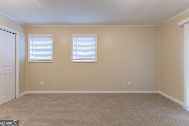 spare room with light carpet, a textured ceiling, and ornamental molding