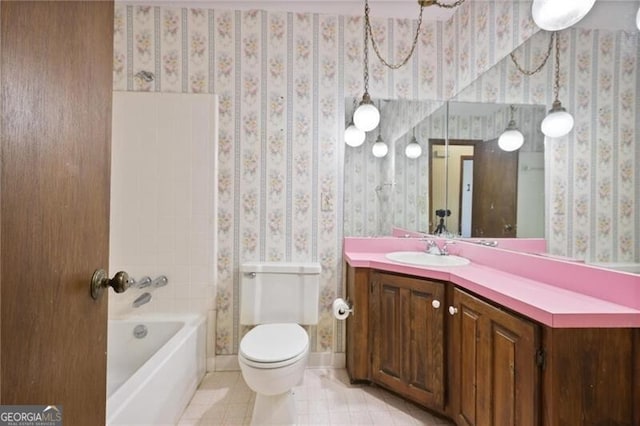 full bathroom with tile patterned flooring, vanity, toilet, and tub / shower combination