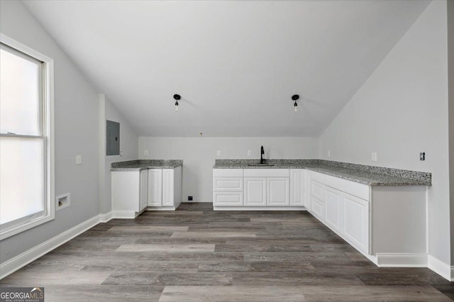 kitchen featuring lofted ceiling, electric panel, white cabinets, and dark wood finished floors