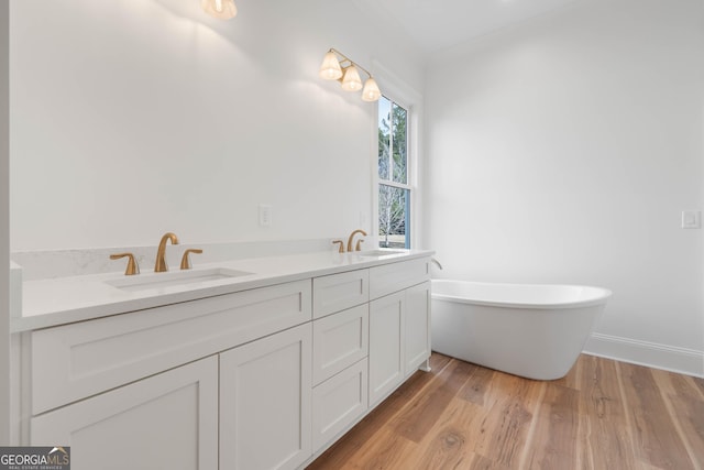 full bathroom featuring a freestanding tub, wood finished floors, a sink, and double vanity