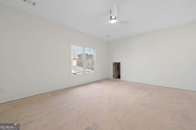 spare room with visible vents, concrete floors, baseboards, and ceiling fan