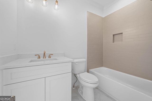 full bath with toilet, marble finish floor, and vanity