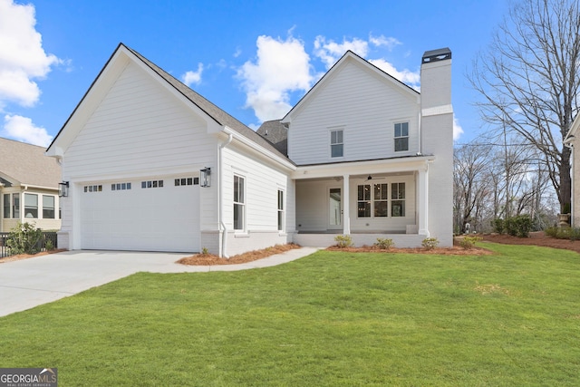 view of front of property featuring concrete driveway, brick siding, an attached garage, and a front lawn