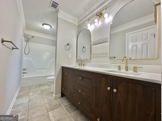 full bathroom with shower / bath combination, vanity, ornamental molding, toilet, and a textured ceiling