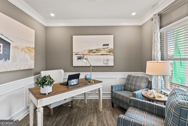 home office with hardwood / wood-style flooring and ornamental molding