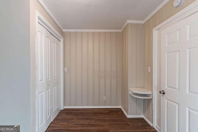 corridor featuring ornamental molding and dark wood-type flooring