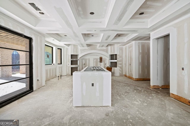 kitchen with beamed ceiling and coffered ceiling