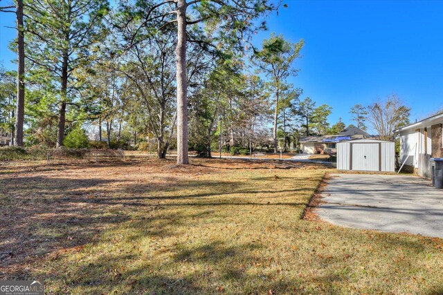 view of yard featuring a shed