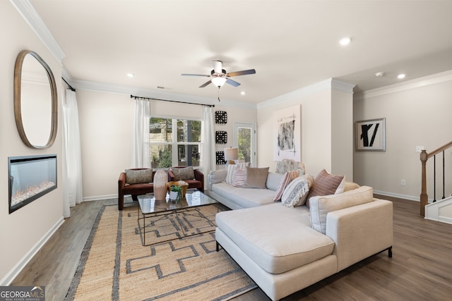 living room featuring hardwood / wood-style floors, ceiling fan, and crown molding