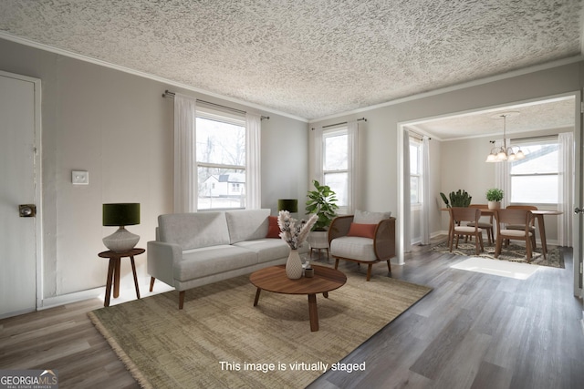 living room with wood-type flooring, crown molding, a wealth of natural light, and a chandelier