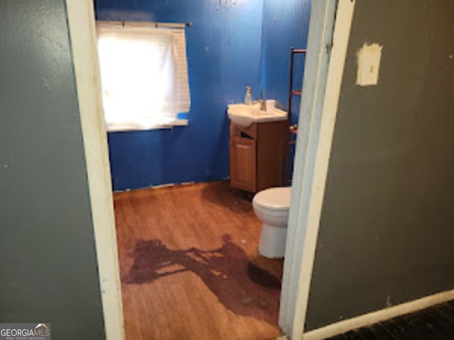 bathroom featuring toilet, wood-type flooring, and vanity