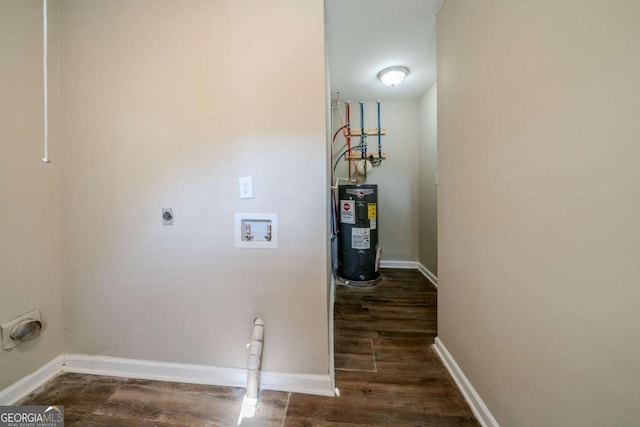 laundry room featuring washer hookup, electric water heater, dark wood-type flooring, and electric dryer hookup