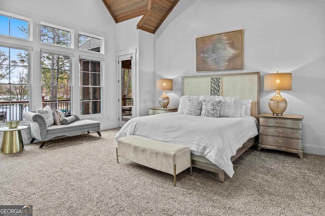 carpeted bedroom with access to exterior, high vaulted ceiling, and wood ceiling