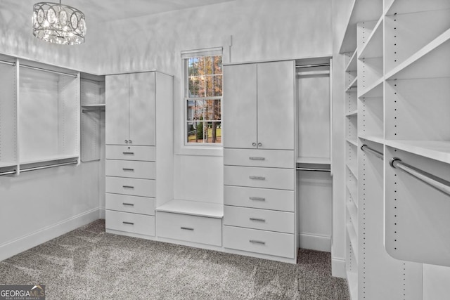 walk in closet with carpet and an inviting chandelier