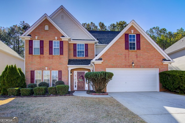 traditional home featuring brick siding, concrete driveway, a garage, and a shingled roof