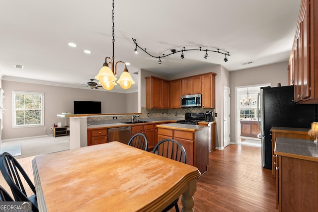 kitchen with decorative light fixtures, kitchen peninsula, sink, appliances with stainless steel finishes, and ceiling fan with notable chandelier