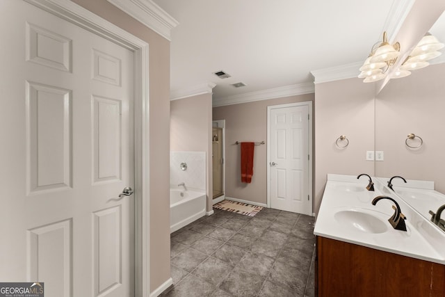 bathroom featuring ornamental molding, separate shower and tub, and vanity