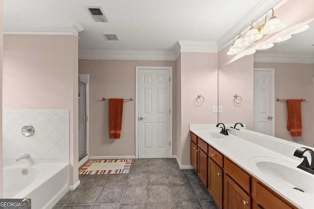 bathroom with vanity, crown molding, and independent shower and bath