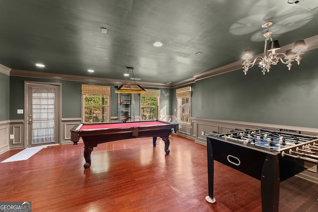 game room with wood-type flooring, a wealth of natural light, and pool table