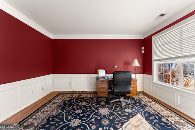 office with crown molding and wood-type flooring