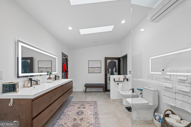 bathroom featuring toilet, a wall mounted AC, a bidet, vanity, and vaulted ceiling with skylight