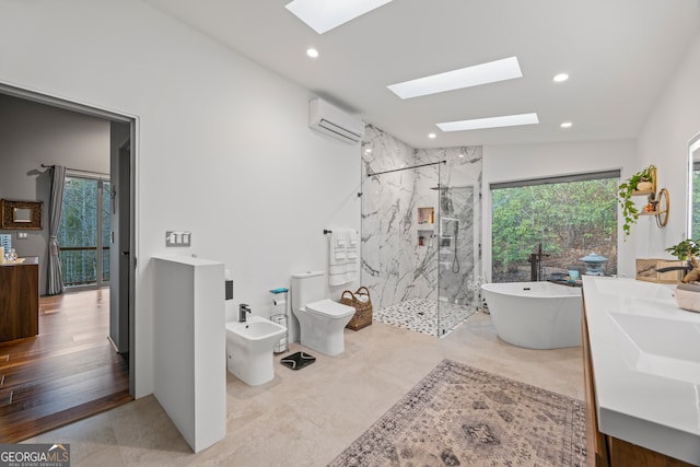 full bathroom with toilet, separate shower and tub, a skylight, a wall mounted AC, and a bidet