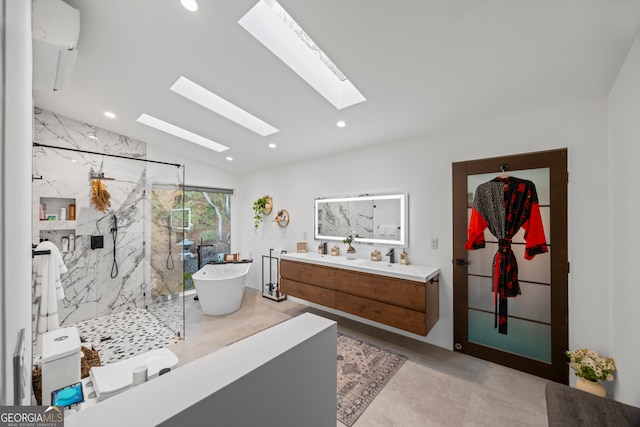 bathroom featuring shower with separate bathtub, lofted ceiling, and vanity