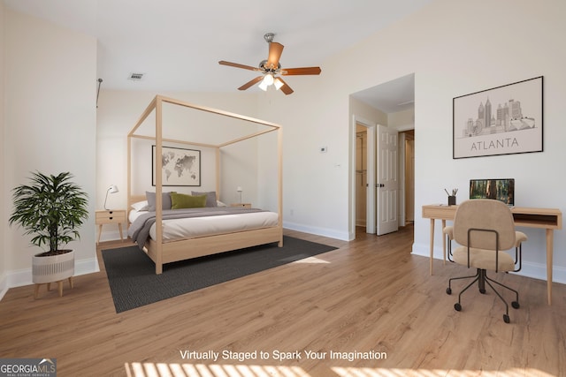 bedroom featuring light wood-type flooring and ceiling fan