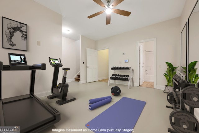 exercise room with ceiling fan