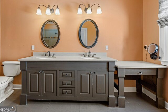 bathroom with tile patterned flooring, vanity, and toilet