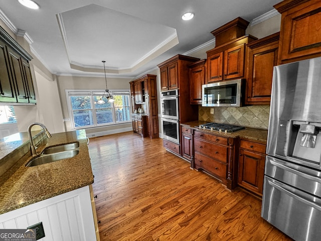 kitchen with hardwood / wood-style floors, a raised ceiling, tasteful backsplash, sink, and stainless steel appliances