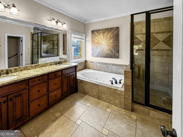 bathroom featuring independent shower and bath, crown molding, and vanity