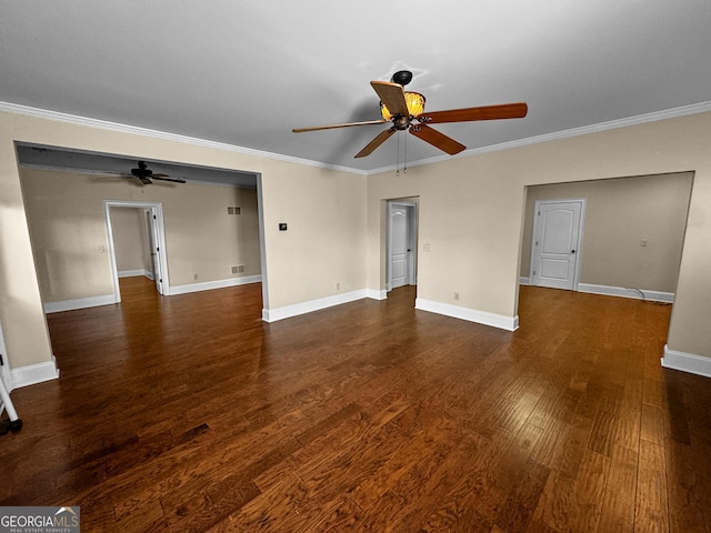 unfurnished living room featuring dark wood-type flooring, ornamental molding, and ceiling fan