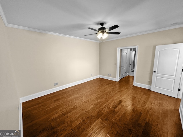 unfurnished bedroom with ceiling fan, ornamental molding, and dark hardwood / wood-style flooring