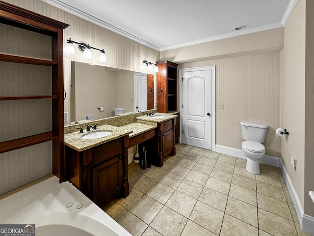 bathroom with tile patterned flooring, vanity, crown molding, and toilet