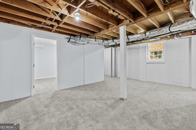 basement featuring carpet flooring