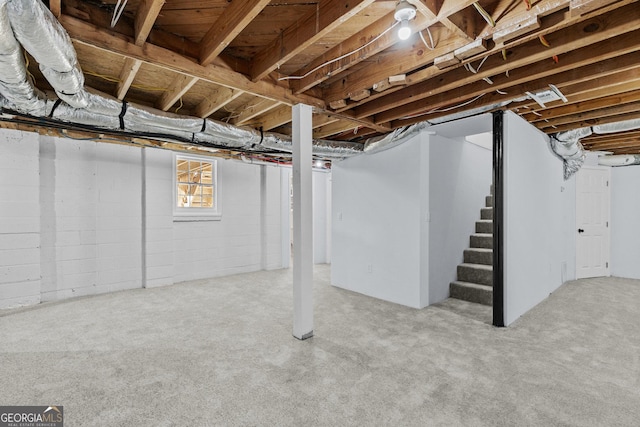 basement featuring light colored carpet