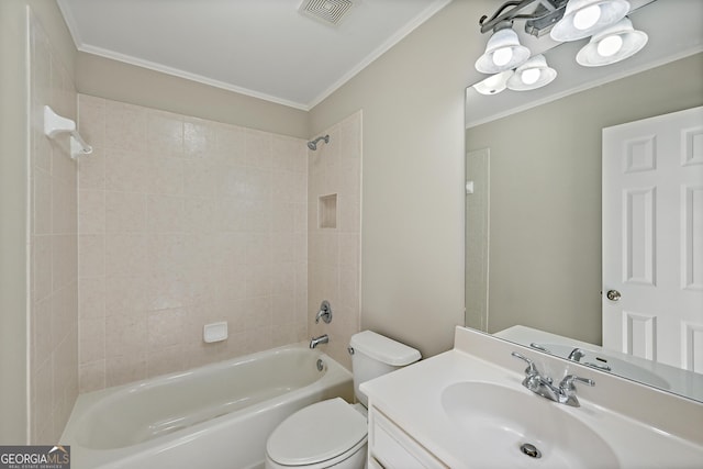 bathroom featuring toilet, visible vents, crown molding, and shower / bathing tub combination