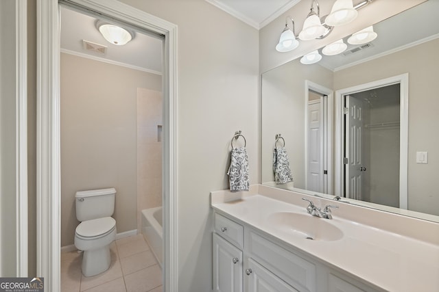 bathroom with ornamental molding, visible vents, toilet, and tile patterned floors