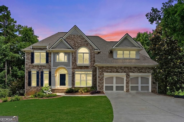 view of front of home featuring concrete driveway, brick siding, and a lawn