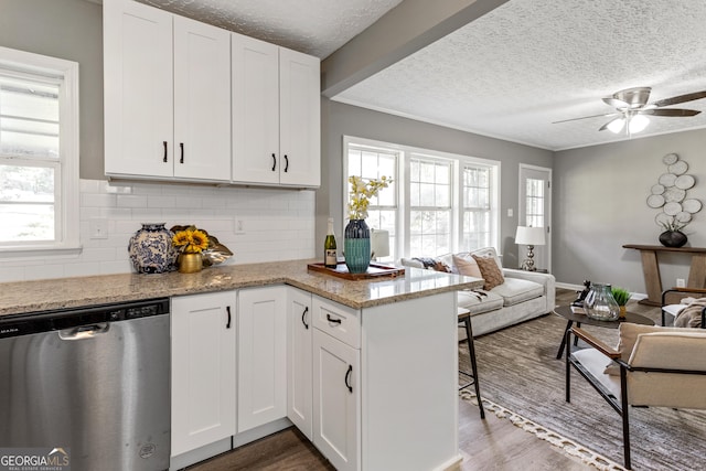 kitchen featuring white cabinets, stainless steel dishwasher, decorative backsplash, light stone counters, and dark hardwood / wood-style flooring