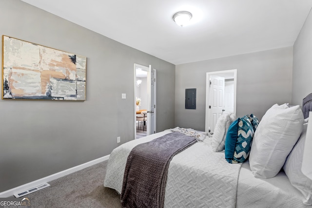 bedroom with electric panel and carpet