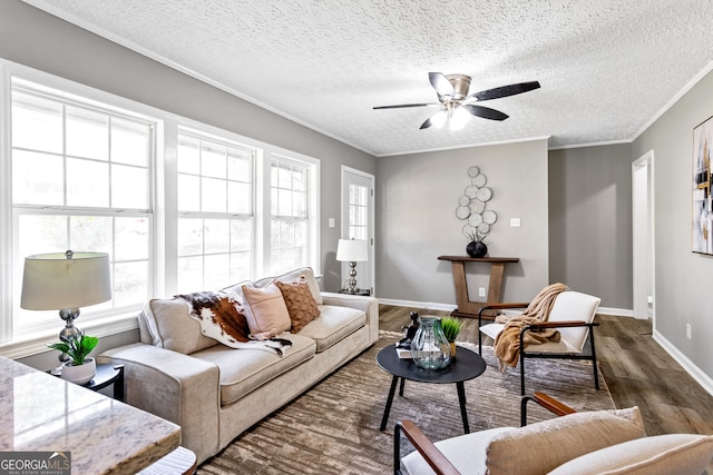 living room featuring a textured ceiling, dark hardwood / wood-style flooring, ceiling fan, and ornamental molding