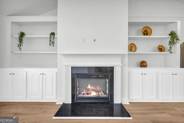 details with hardwood / wood-style flooring and built in shelves