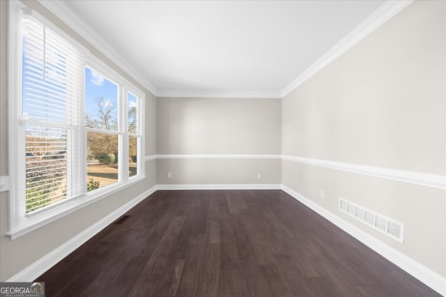 unfurnished room featuring dark hardwood / wood-style floors and crown molding