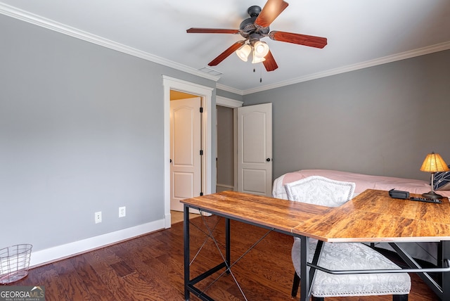 office with dark hardwood / wood-style flooring, ceiling fan, and ornamental molding