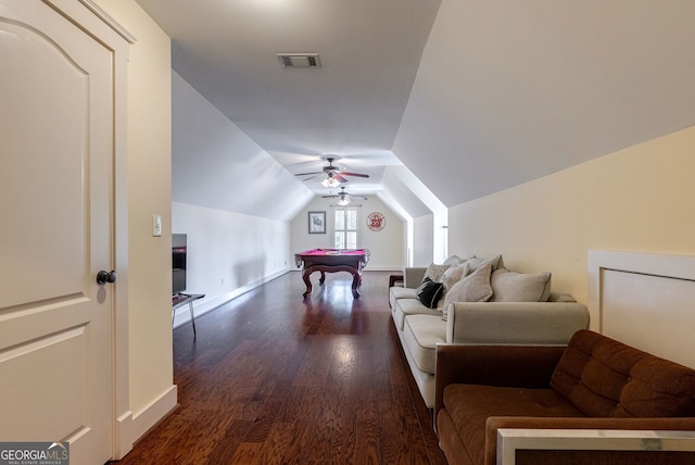 rec room featuring ceiling fan, dark wood-type flooring, lofted ceiling, and pool table