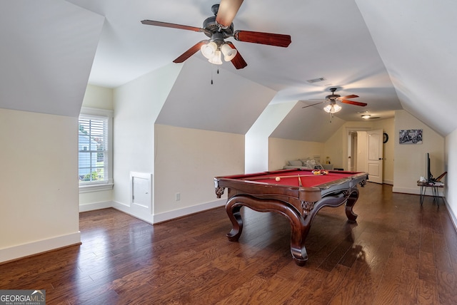 rec room with ceiling fan, dark wood-type flooring, billiards, and vaulted ceiling