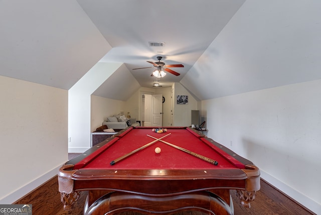 game room with hardwood / wood-style flooring, ceiling fan, lofted ceiling, and billiards