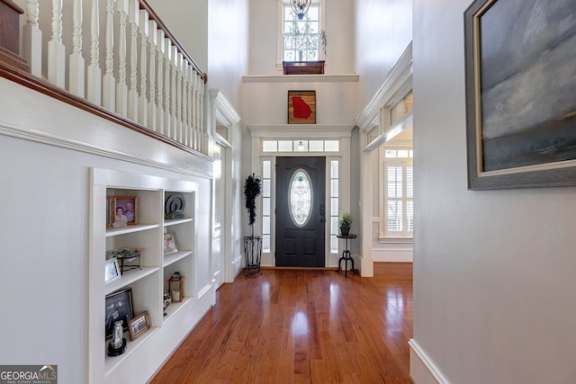 foyer featuring wood-type flooring and a high ceiling